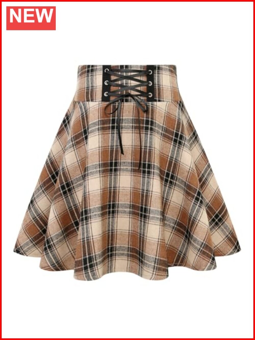 Plaid Mini Skirt High Waist Lace Up A-Line Pleated Flared Hem Casual